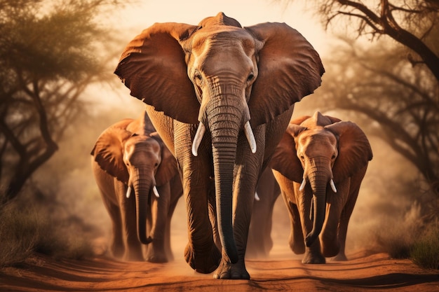 Herd of elephants walking through african savannah on sunny day in wildlife habitat