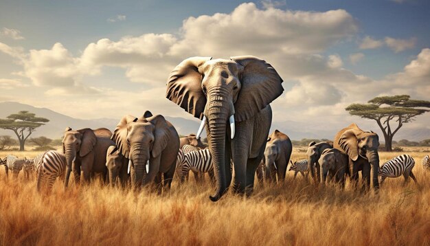 Photo a herd of elephants with a herd of zebras in the background