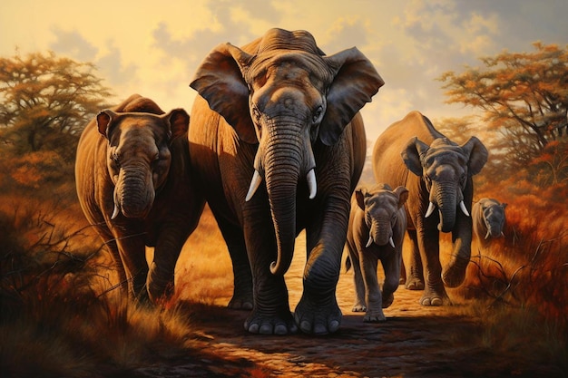 a herd of elephants with tusks and tusks are shown in a painting