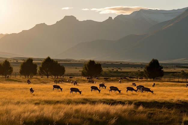 A herd of elk grazes in a field with mountains in the background