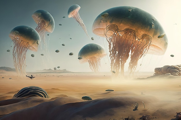 Herd of floating jellyfish like creatures grazing on the exotic plains of an alien planet illustration generative ai