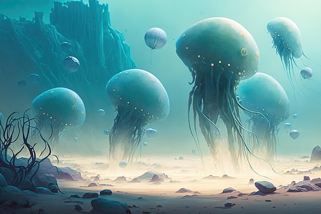 Herd of floating jellyfish like creatures grazing on the exotic plains of an alien planet illustration generative ai