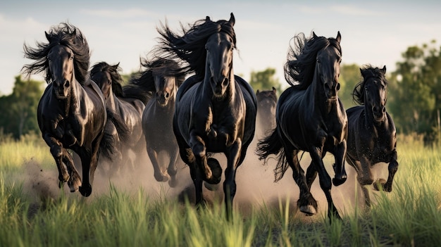 草の中を疾走するフリージアンの黒い馬の群れ