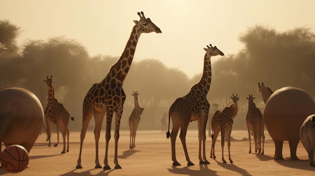 A herd of giraffe standing next to each other