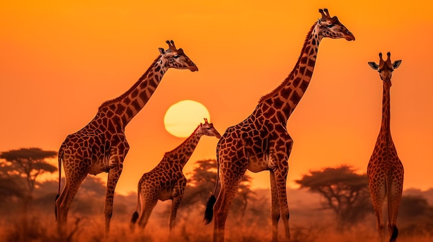 Foto un branco di giraffe stagliato contro un cielo al tramonto incandescente