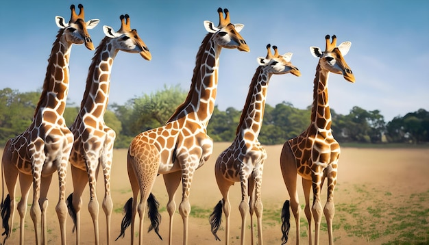 a herd of giraffes standing in a field with trees in the background.