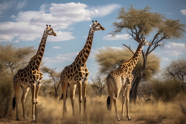 Foto una mandria di giraffe nella natura, una delle quali è in piedi nella natura.