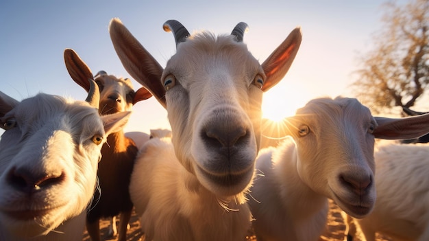 A herd of goats stand in front of a sunset.