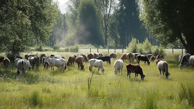 A herd of horses are grazing in a field.