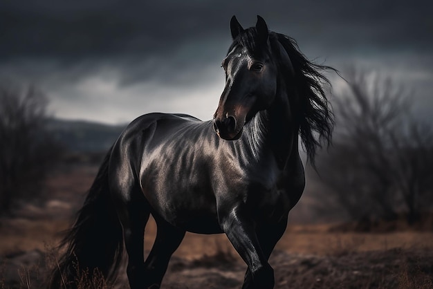 黒い背景の異なる色の馬の群れ