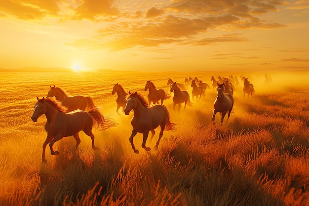 Стадо лошадей, скачущих по золотой пшеничной поляне.