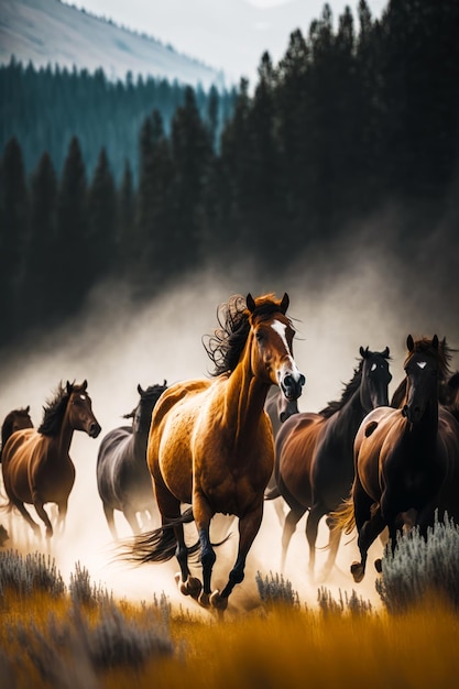 Herd of horses running across field next to forest on foggy day Generative AI