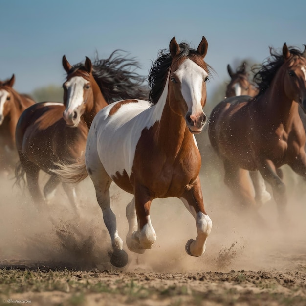 Photo a herd of horses running in a field with the word  the  on the side