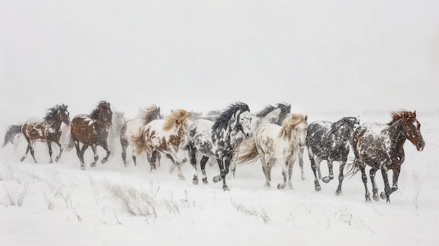 雪の中で走っている馬の群れ