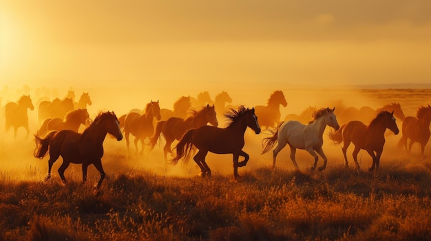 黄金の時間の太陽の光で照らされた塵が上がる畑を走る馬の群れ