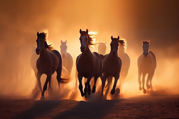 AIが生成した夕日の光の中を走る馬の群れ