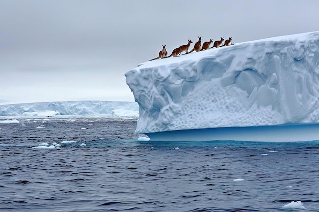 A herd of kangaroos on a floating iceberg in the middle of the ocean