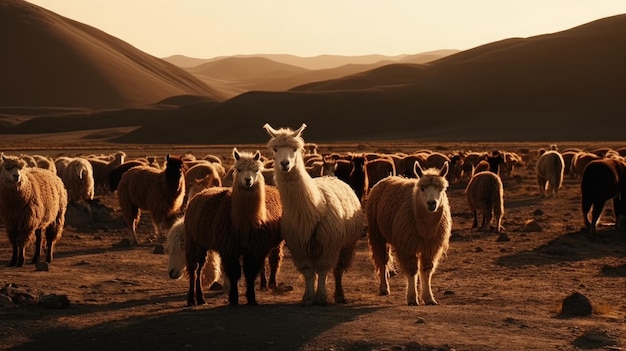 A herd of llamas are standing in a field with mountains in the background.