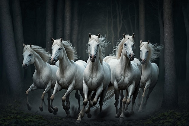 Herd only white horses Galloping night forest Ai generated art