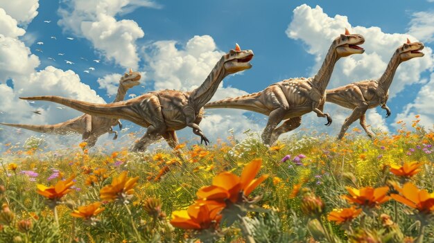 A herd of playful hadrosaurs running and frolicking through a field of flowers mimicking their