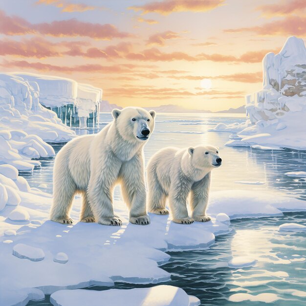 寒い雪の中を歩く北極熊の群れ