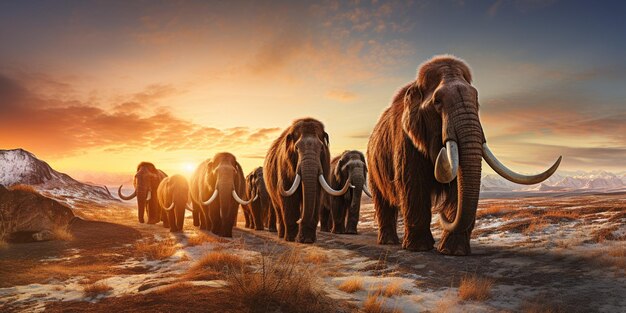 A herd of prehistoric iceage mammoths wandering trough the arctic tundra