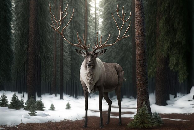 a herd of reindeer grazing in the pines