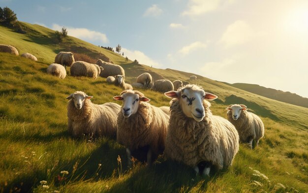 a herd of sheep are standing in a field with the sun shining on them