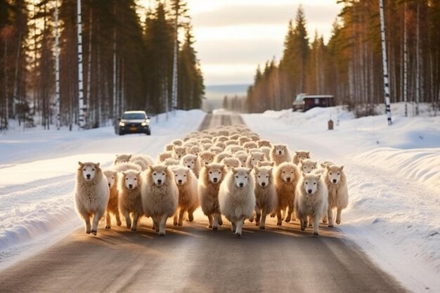 Photo a herd of sheep are walking down a snowy road