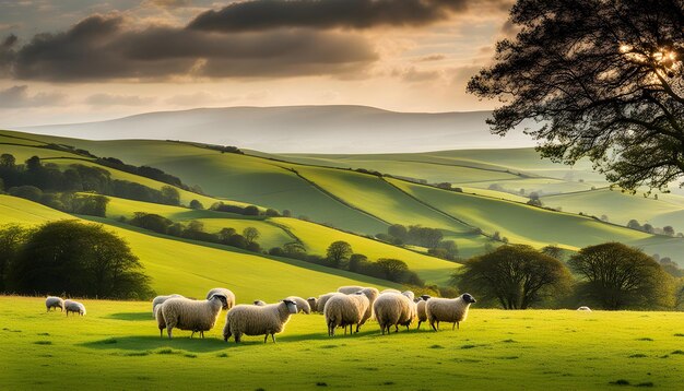 a herd of sheep are walking in a field with the sun setting behind them