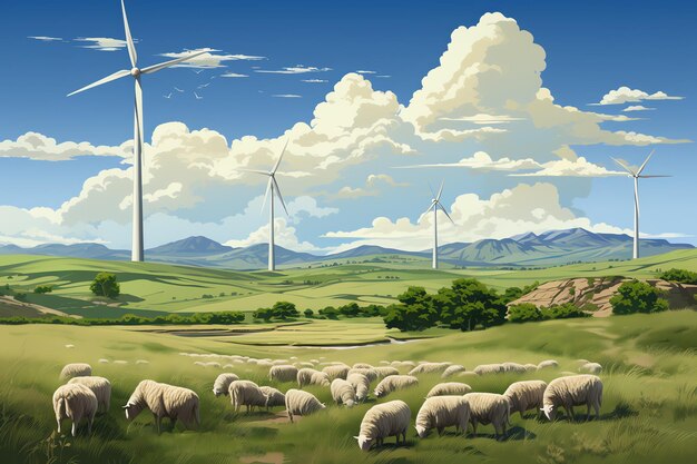 a herd of sheep in a field with wind turbines