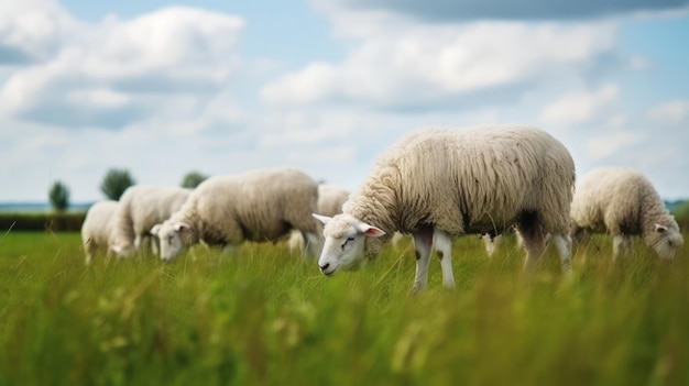 A herd of sheep grazing in a field with a blue sky in the background.