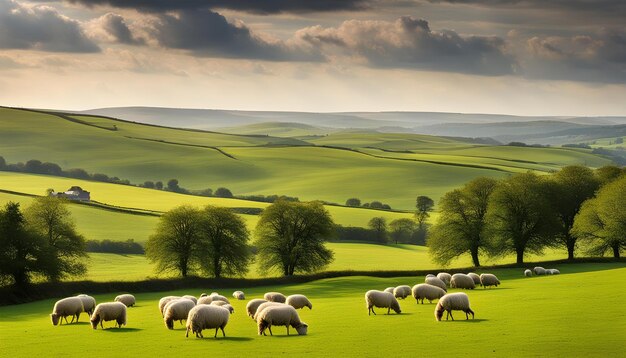 a herd of sheep grazing on a green field with a cloudy sky in the background