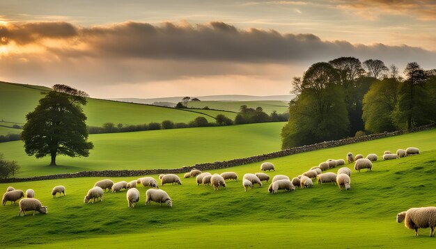 a herd of sheep grazing in a green field with a sunset in the background