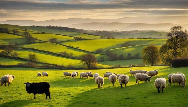 a herd of sheep grazing on a green field with a sunset in the background