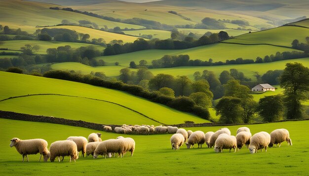 Photo a herd of sheep grazing in a green field with trees in the background