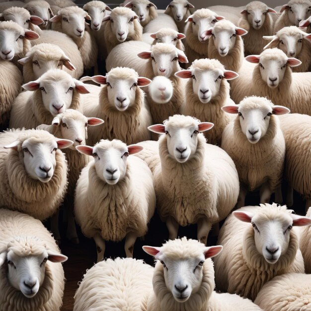 Photo herd of sheep in office indicating docile workers