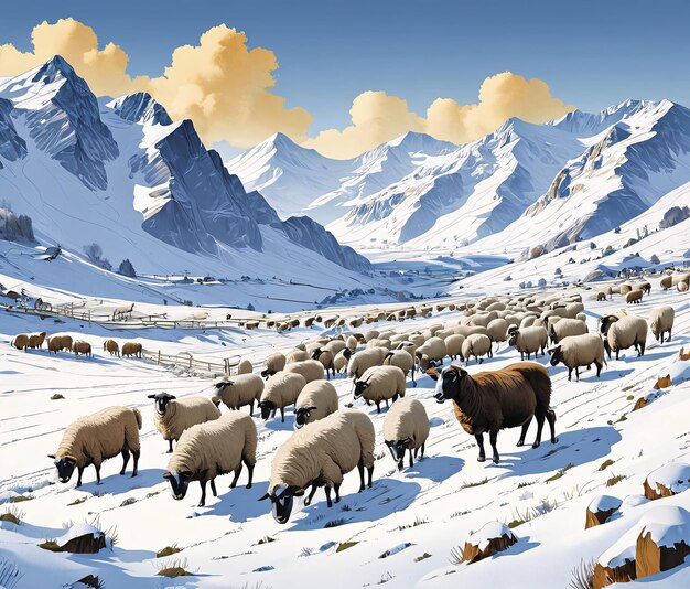 a herd of sheep in the snow