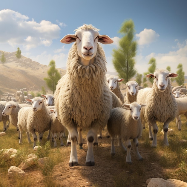 A herd of sheep standing on a dirt road with trees in the background.