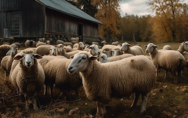 A herd of sheep standing on top of a lush green field Generative AI