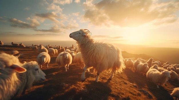 A herd of sheep walking in the mountains.