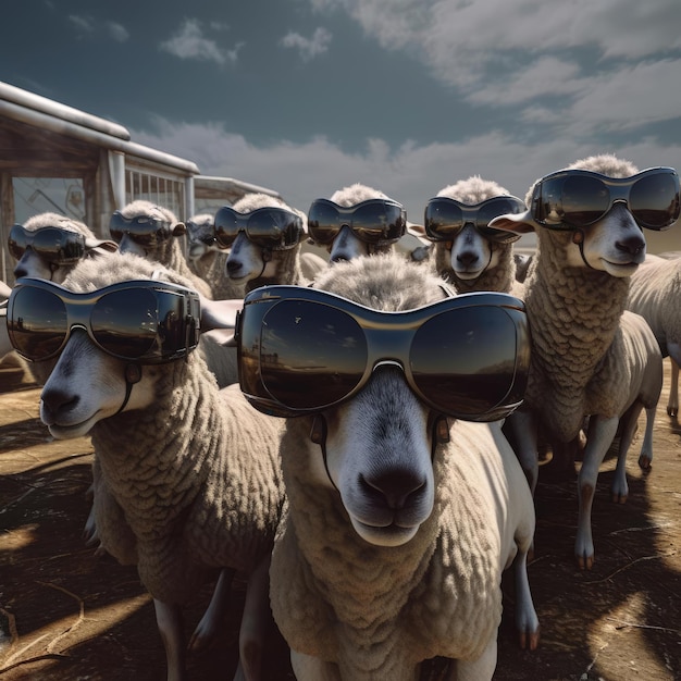 A herd of sheep wearing virtual reality glasses