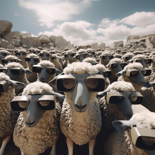 A herd of sheep wearing virtual reality glasses