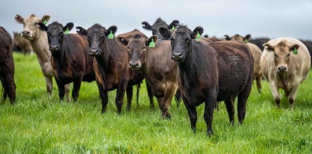 Herd of stud beef cows and bulls grazing on green grass in australia breeds include speckled park murray grey angus and brangus