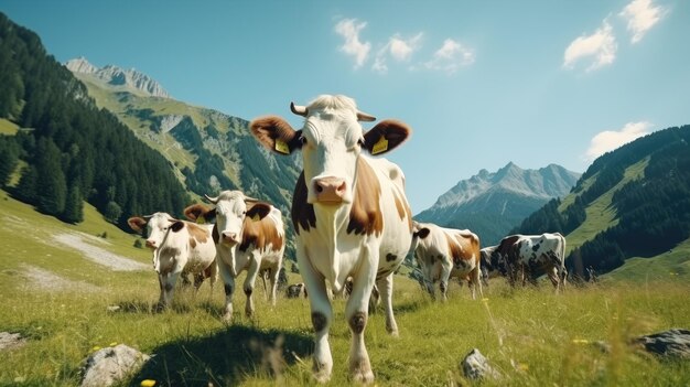 A herd of wellgroomed beautiful healthy cows graze on a green meadow in the mountains Modern farm life