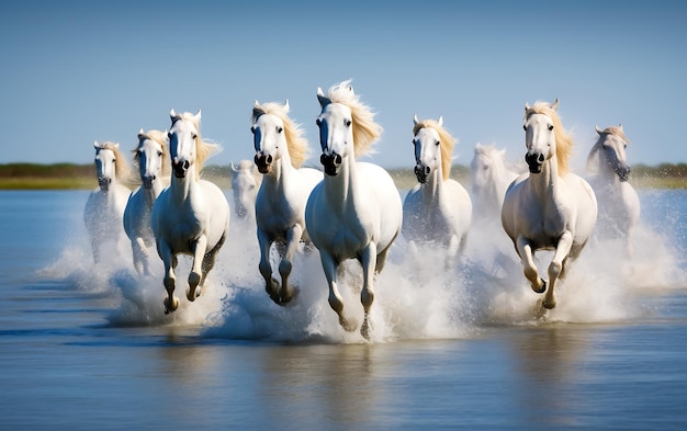 Herd of white Camargue horses running in water France