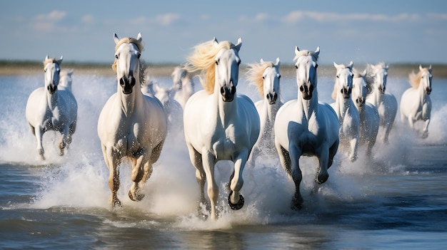 カマルグの白い馬の群れがフランスで水の中を走っている