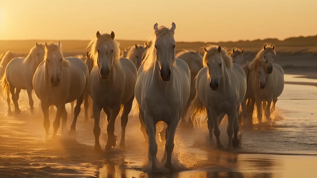 Herd of white horses running in water at sunsetgenerative ai