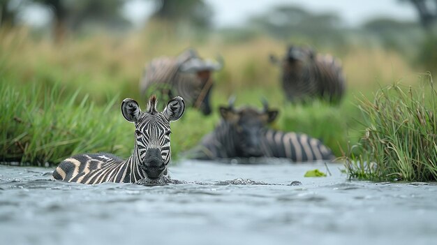 Foto un gregge di zebre sta attraversando un fiume nella natura selvaggia