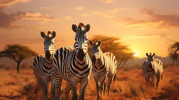 Herd of zebras in the morning sun Generative AI